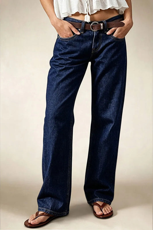 Wash Studded Mid Waist Straight Leg Jeans Without Belt