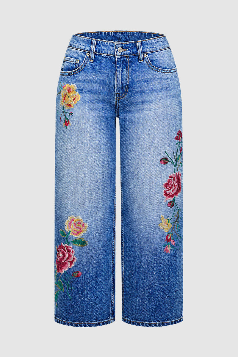 Wash Floral Embroidery Mid Rise Straight Leg Crop Jeans