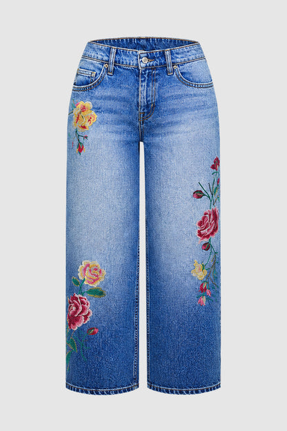 Wash Floral Embroidery Mid Rise Straight Leg Crop Jeans