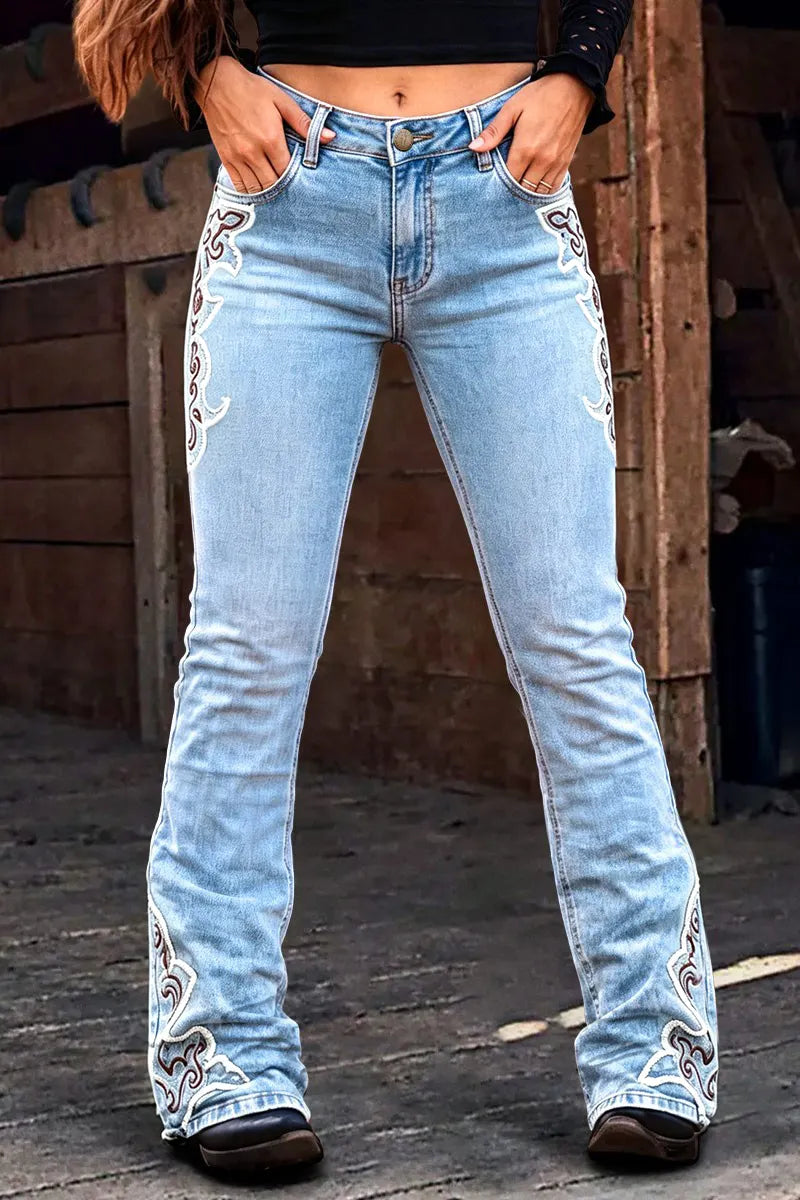 Wash Baroque Embroidery Side Mid Waist Bootcut Jeans