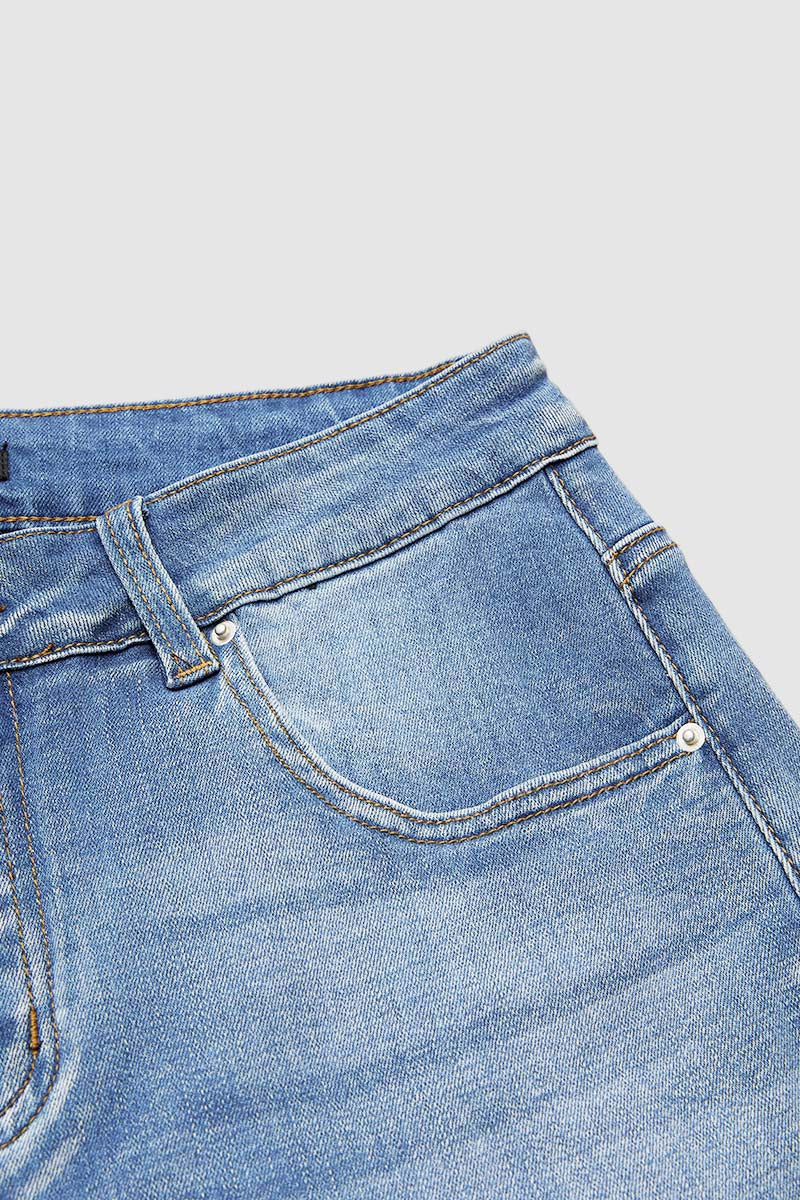 Embroidery Mid Waist Denim Bermuda Shorts Without Belt