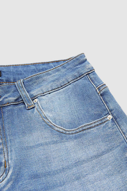 Embroidery Mid Waist Denim Bermuda Shorts Without Belt