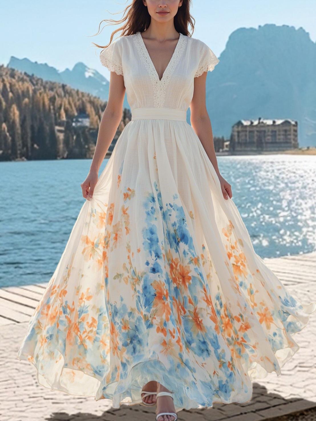 Robe longue en lin, manches courtes, col en dentelle, motif floral, vintage, blanche
