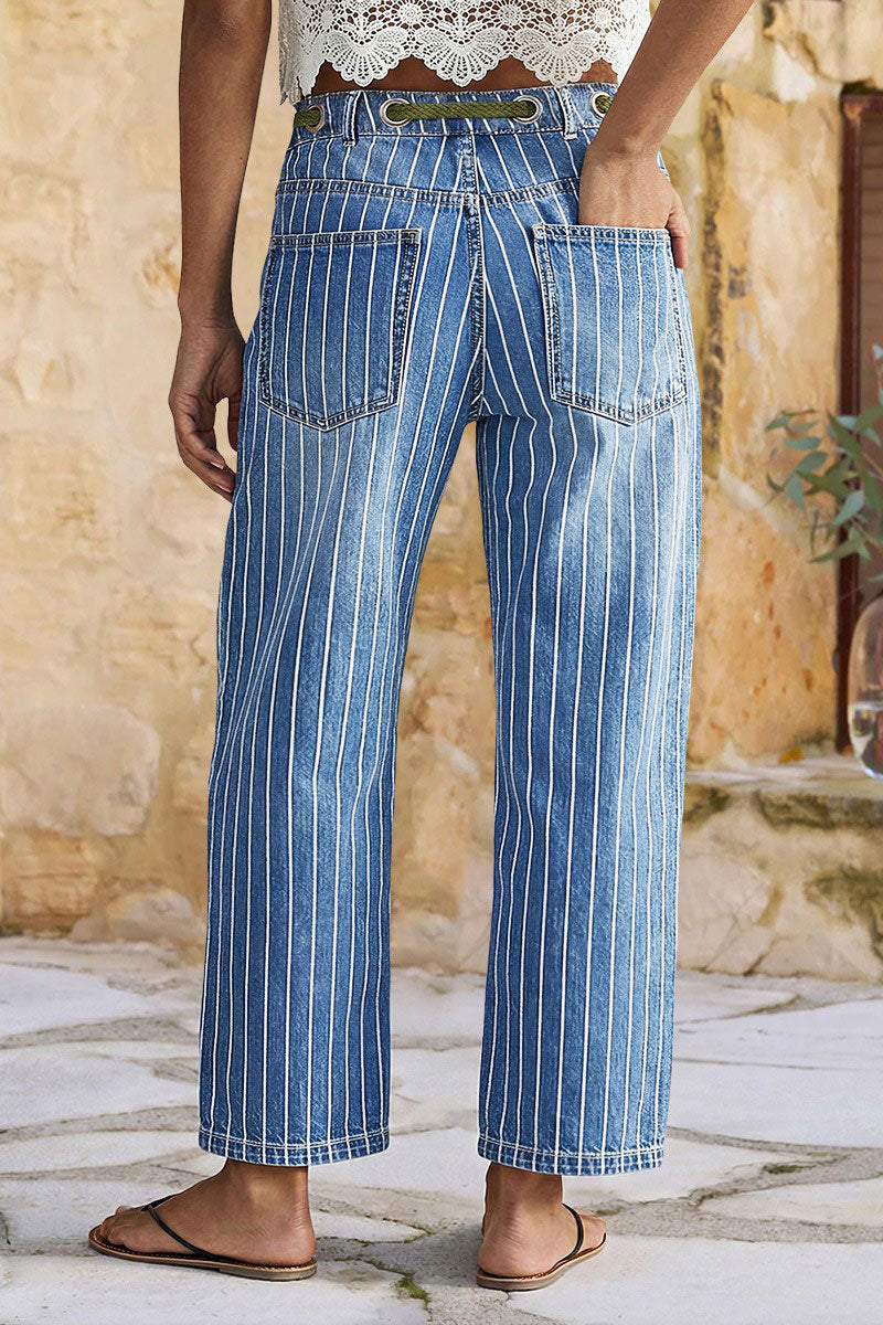 Pinstripe Drawstring Patched Pocket High Waist Straight Leg Crop Jeans
