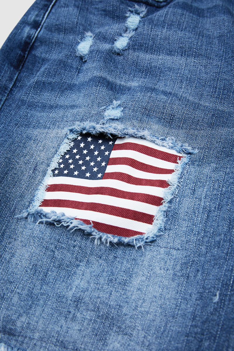 American Flag Patched Ripped Raw Hem Mid Rise Denim Bermuda Shorts