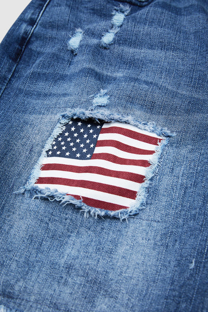 American Flag Patched Ripped Raw Hem Mid Rise Denim Bermuda Shorts