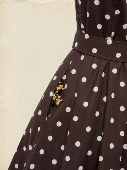 Robe midi en coton, sans manches, col châle, à pois, boutonnée, style vintage français, couleur café