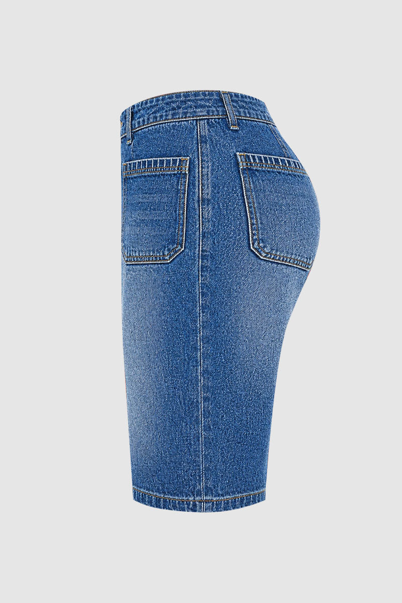 Wash Stitch Detail Patch Pocket High Rise Denim Bermuda Shorts
