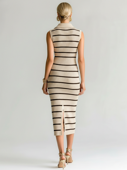 Stylish Elegant Beige Striped Lapel Collar Zipper-Front Sleeveless Slim-Fit Ribbed Knit Midi Dress