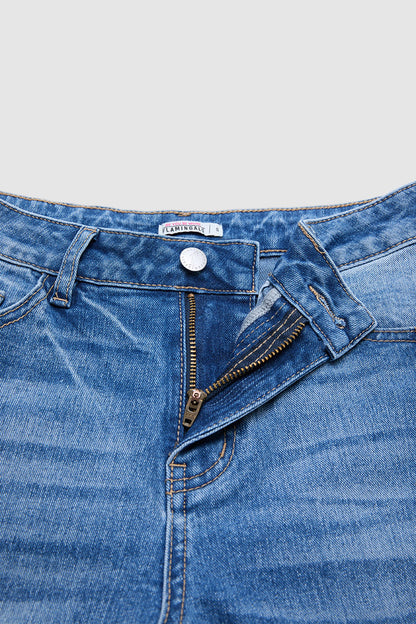Wash Seam Front Mid Rise Straight Leg Jeans Without Belt