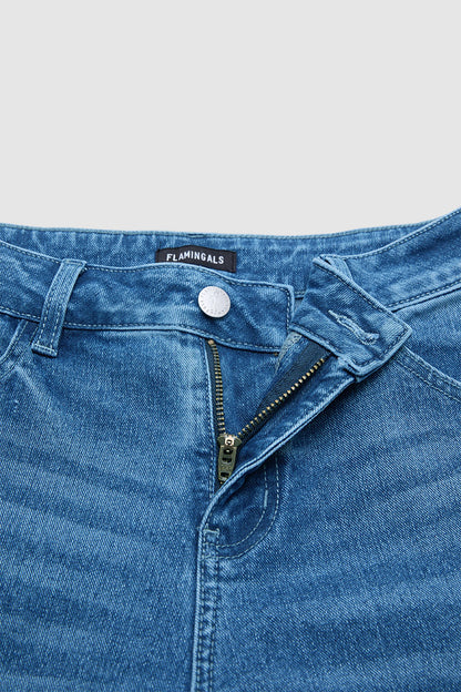 Wash Stitch Detail Ruffle Hem High Rise Wide Leg Crop Jeans Without Belt