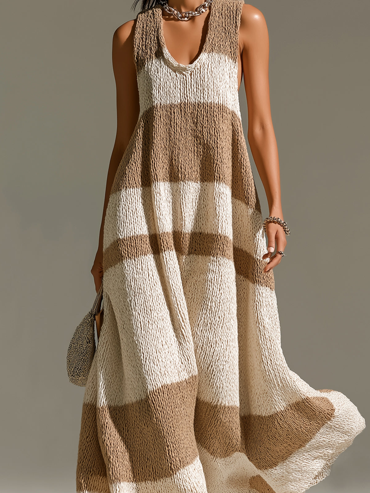 Chic Casual Camel-Beige Stripes U-Neck Sleeveless Oversize A-Line Knit Maxi Dress