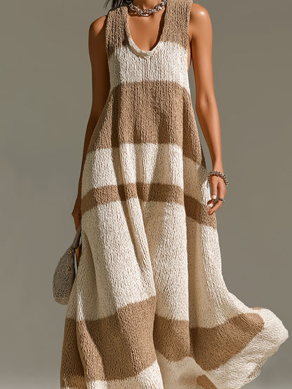 Chic Casual Camel-Beige Stripes U-Neck Sleeveless Oversize A-Line Knit Maxi Dress