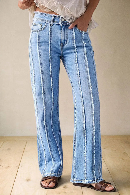 Wash Raw Seam Detail Mid Waist Straight Leg Jeans