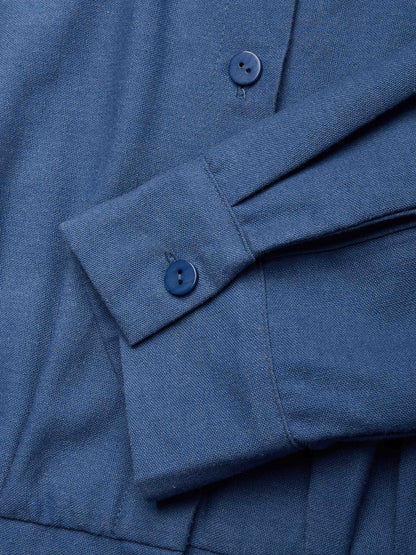 Robe midi en lin, manches courtes, col châle, unie, boutonnée, vintage, bleu marine