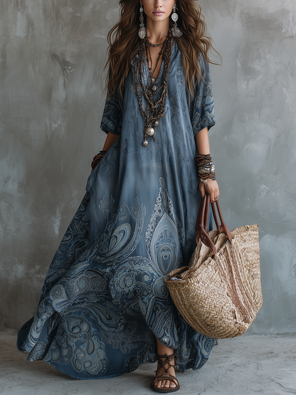Robe longue cachemire bohème bleue