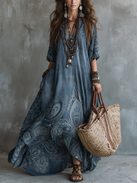 Robe longue cachemire bohème bleue