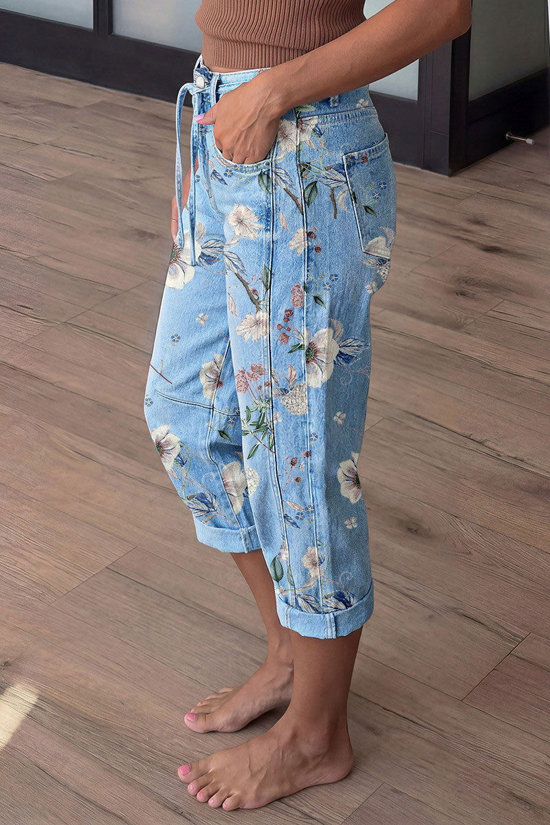 Floral Pattern Drawstring Stitch Detail Mid Waist Barrel Leg Capri Jeans