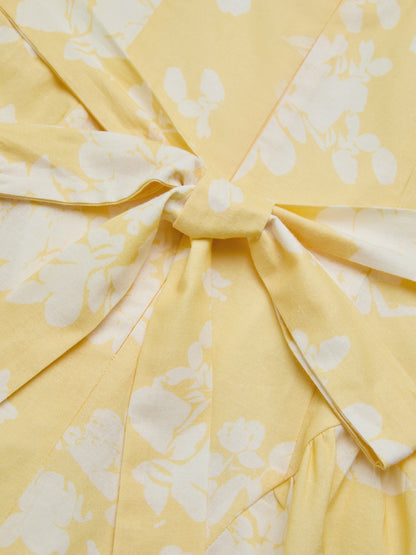 Robe midi en coton, manches courtes, à fleurs, style vintage français, jaune