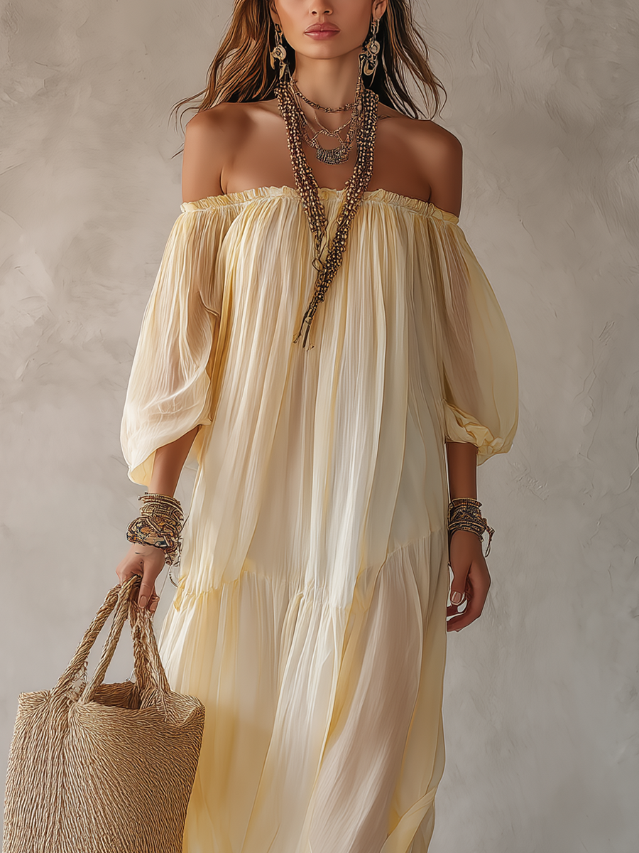 Robe longue fluide jaune crème bohème épaules dénudées