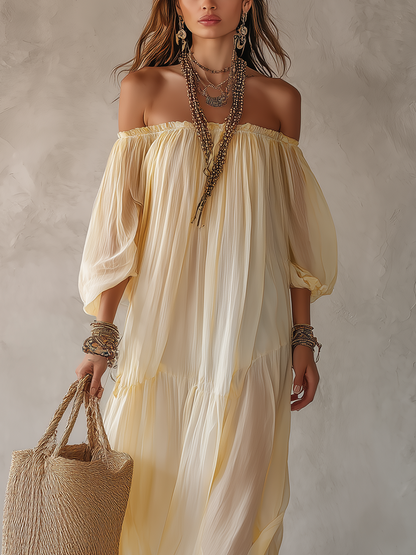 Robe longue fluide jaune crème bohème épaules dénudées
