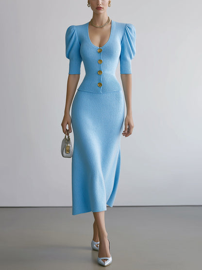 Chic Elegant Blue Deep U-Neck Button-Front Short-Sleeve Sweater Bodycon A-Line Midi Skirt Knit Two-Piece Set