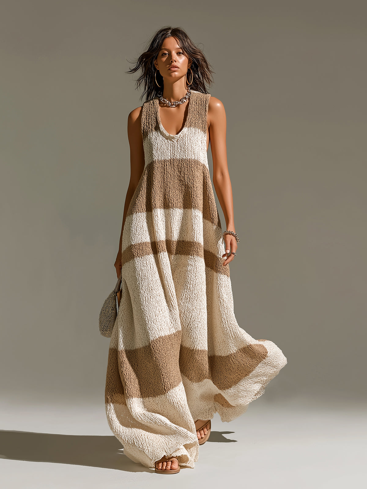 Chic Casual Camel-Beige Stripes U-Neck Sleeveless Oversize A-Line Knit Maxi Dress