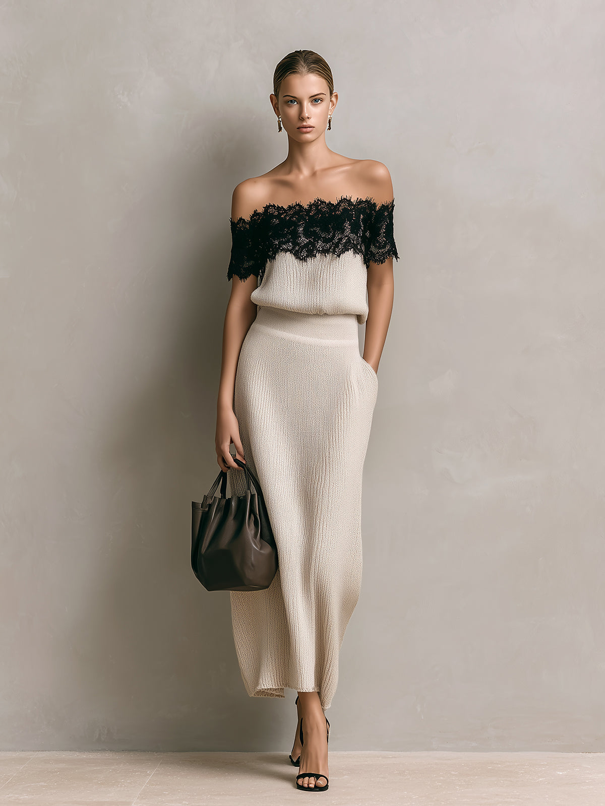 Chic Elegant Cream White Off-The-Shoulder Lace Detail Loose-Fit Sweater And A-Line Maxi Skirt Ribbed Knit Two-Piece Set