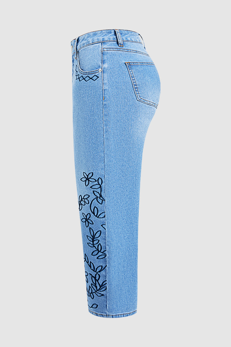 Wash Plant Embroidery Mid Waist Barrel Leg  Jeans