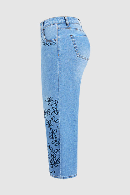 Wash Plant Embroidery Mid Waist Barrel Leg  Jeans