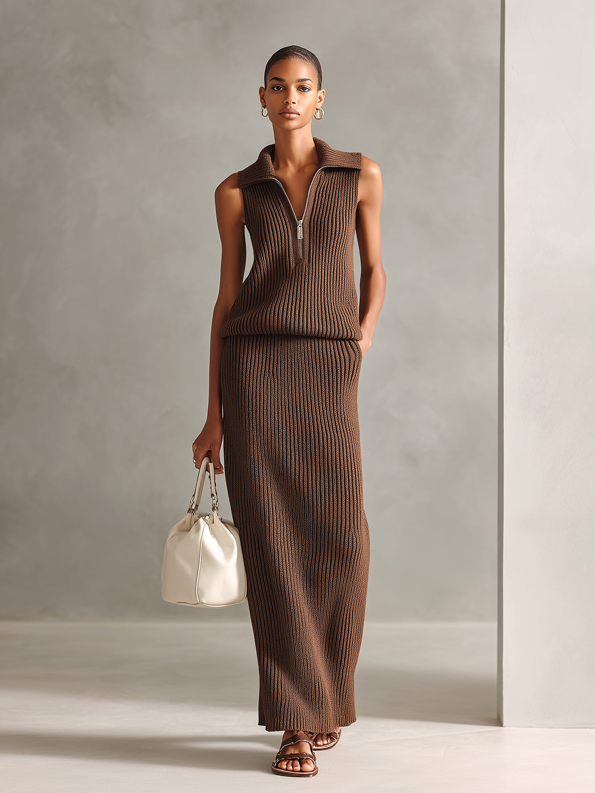 Chic Elegant Coffee Zipper-Up Lapel V-Neck Sleeveless Loose-Fit Vest And Bodycon Maxi Skirt Ribbed Knit Two-Piece Set