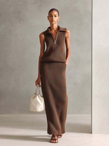 Chic Elegant Coffee Zipper-Up Lapel V-Neck Sleeveless Loose-Fit Vest And Bodycon Maxi Skirt Ribbed Knit Two-Piece Set