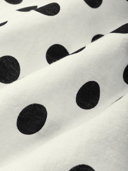 Robe midi en lin, manches longues, col à revers, pois, boutonnage, vintage, ivoire
