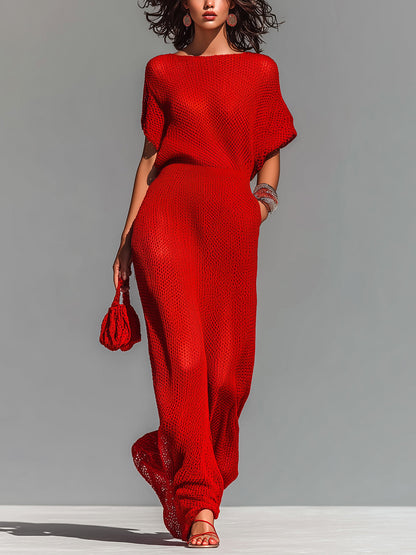 Chic Elegant Red Boat Neck Short-Sleeve Loose-Fit Breathable Knit Maxi Dress