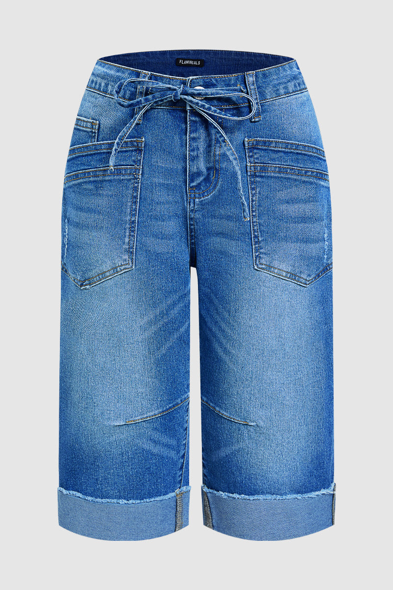 Wash Roll Hem Ripped Patch Pocket Drawstring Straight Leg Mid Rise Capri Jeans
