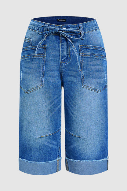 Wash Roll Hem Ripped Patch Pocket Drawstring Straight Leg Mid Rise Capri Jeans