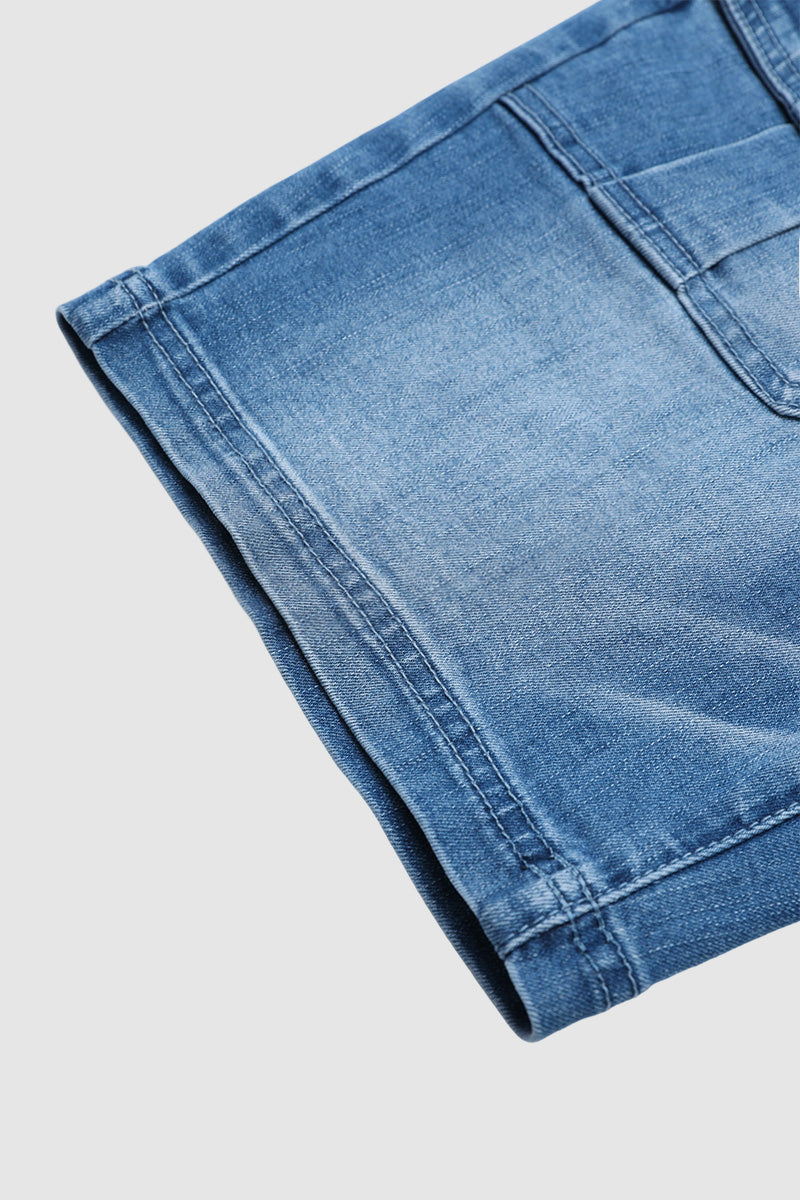 Wash Flap Pocket Mid Rise Mid Thigh Denim Shorts Without Belt