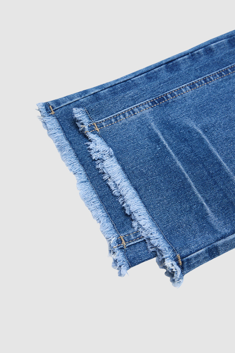Wash Ripped Raw Hem Mid Rise Straight Leg Crop Jeans