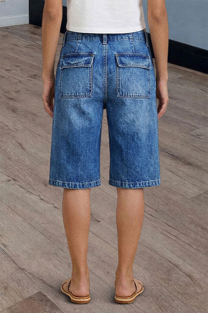 Wash Flap Pocket Drawstring Mid Rise Denim Bermuda Shorts