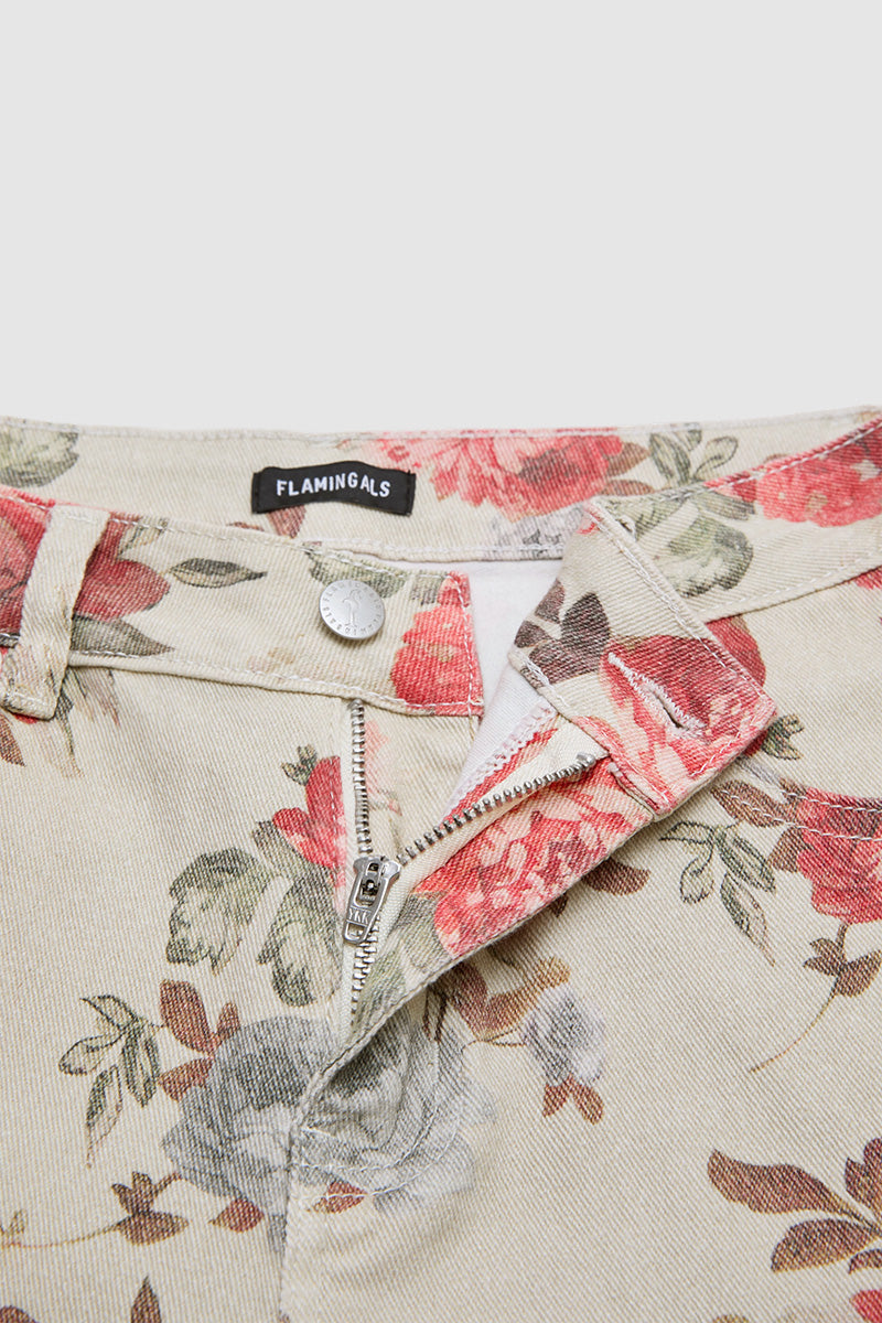 Floral Pattern Split Mid Waist Wide Leg Crop Pants Without Belt