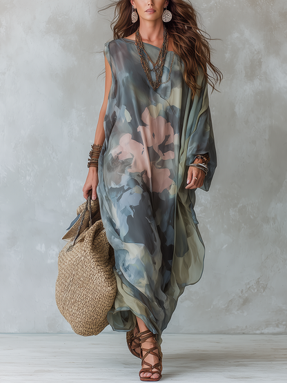 Robe fluide à imprimé abstrait bleu-gris bohème