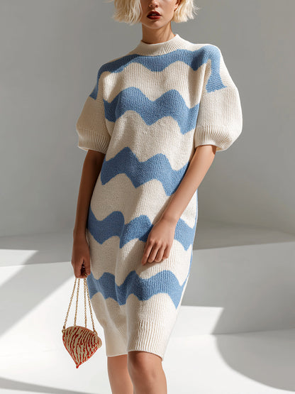Chic Elegant Blue White Stripes Round-Neck Short-Sleeve Oversize Knit Midi Dress