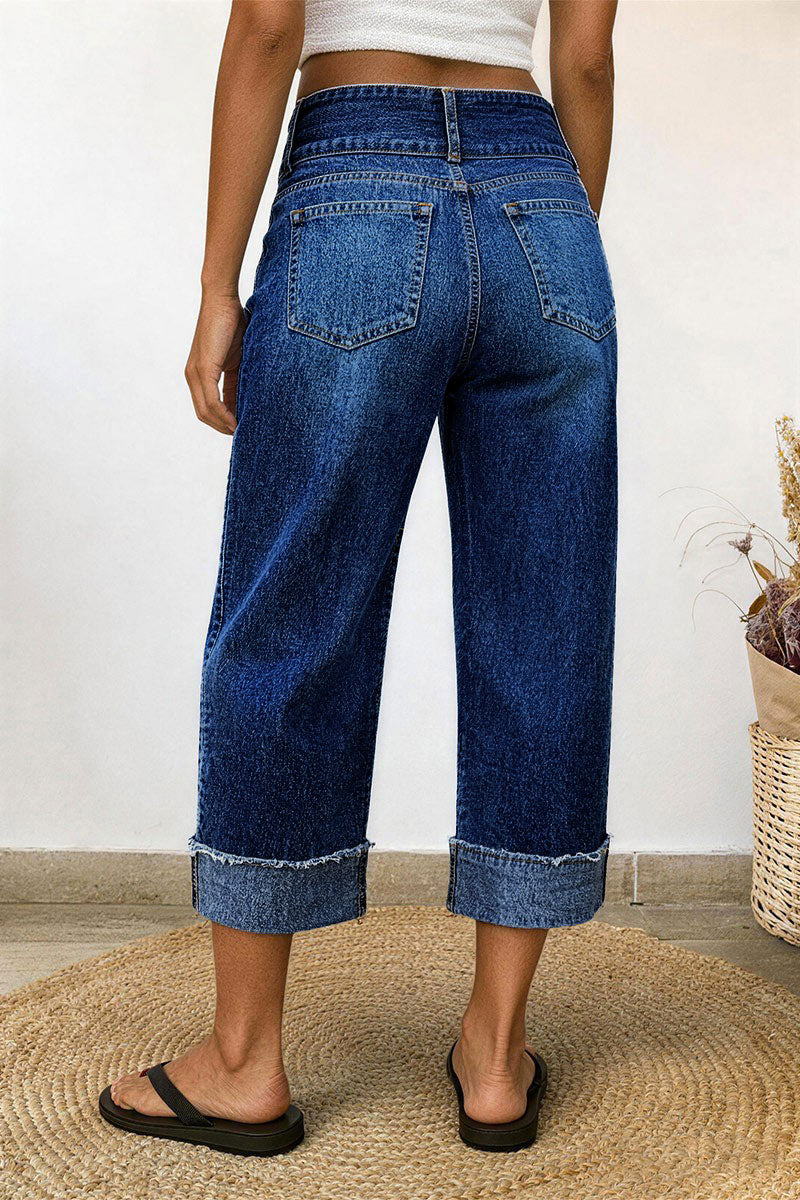 Wash Roll Hem Button Up Mid Rise Barrel Leg Crop Jeans