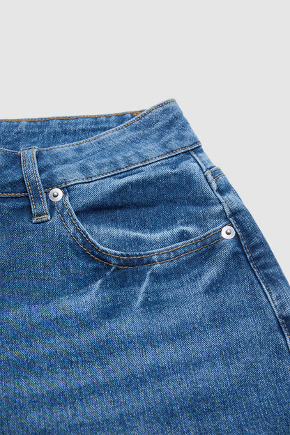Wash Raw Hem Mid Rise Denim Bermuda Shorts