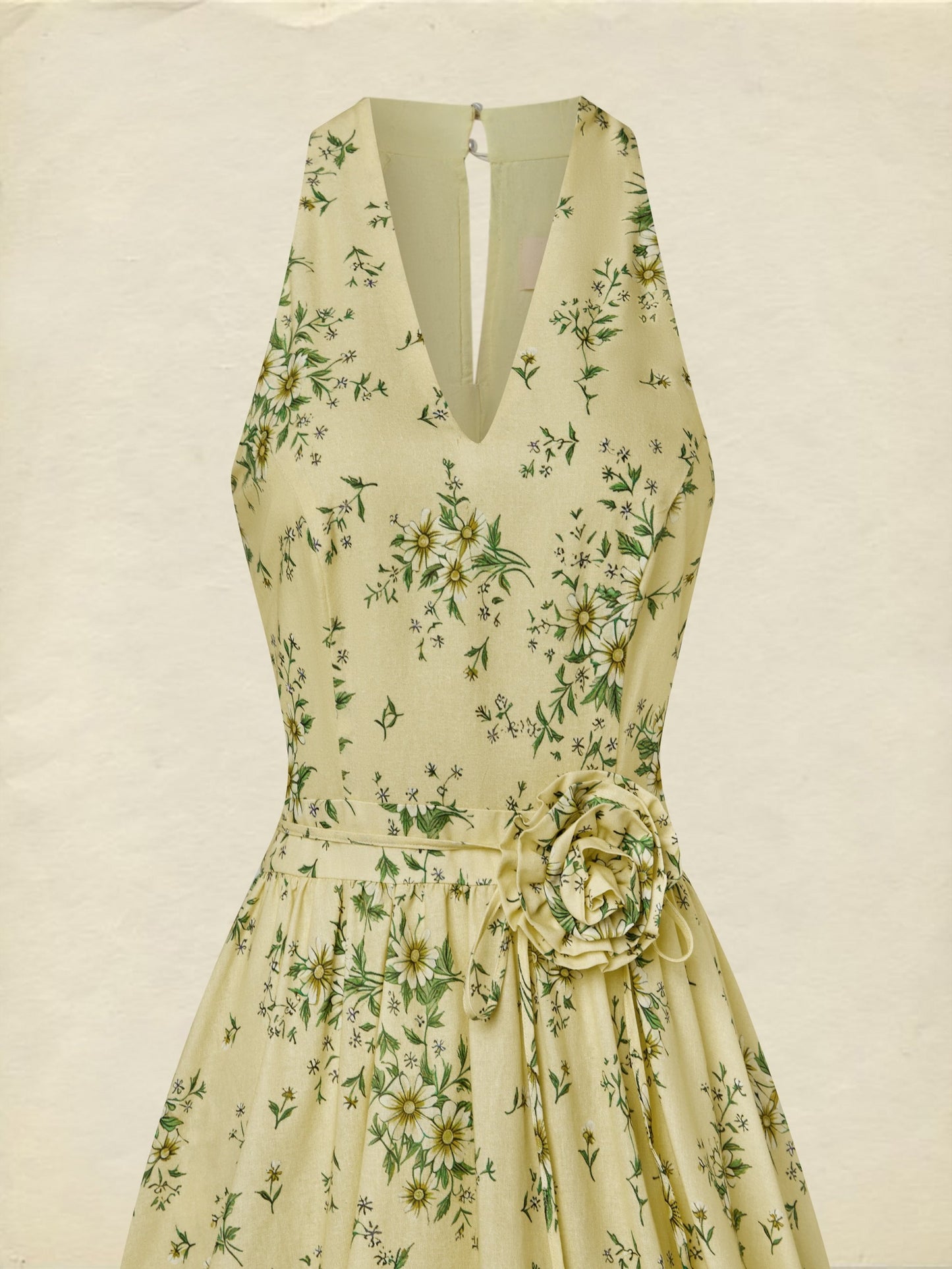 Robe longue en coton, sans manches, col en V, à fleurs, fleurs en 3D (détachables), vacances, vintage, jaune