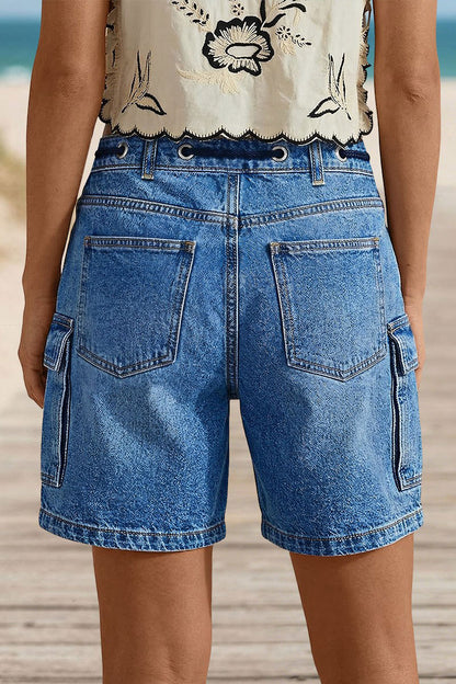 Wash Flap Pocket Drawstring High Rise Mid Thigh Denim Shorts