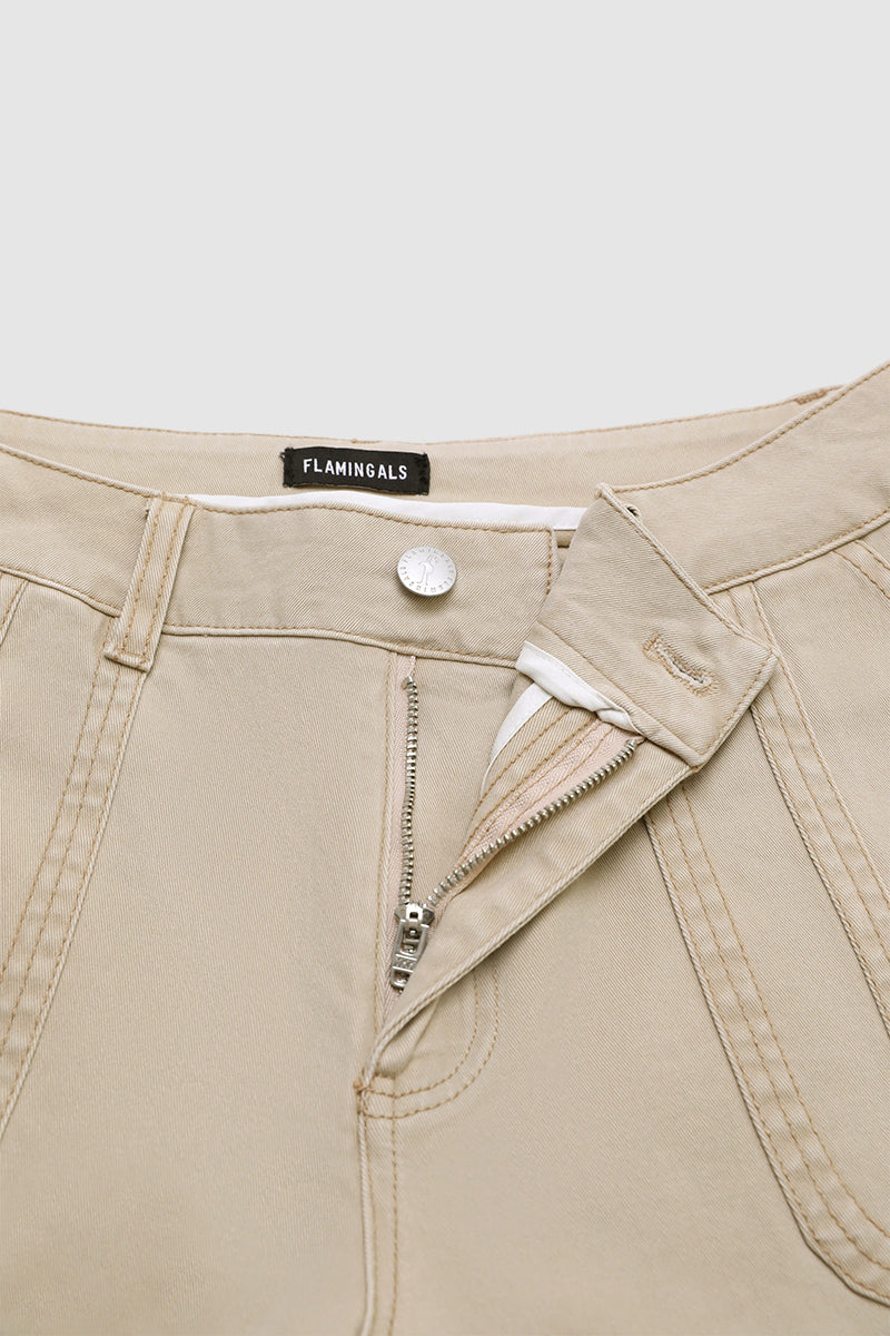 Solid Patch Pocket Mid Rise Straight Leg Crop Pants