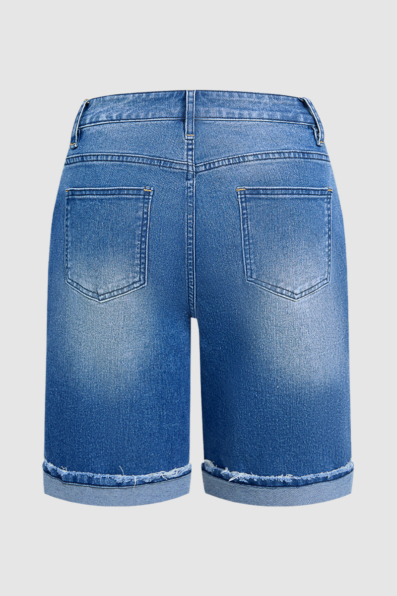 Wash Roll Hem Patch Pocket High Rise Denim Bermuda Shorts