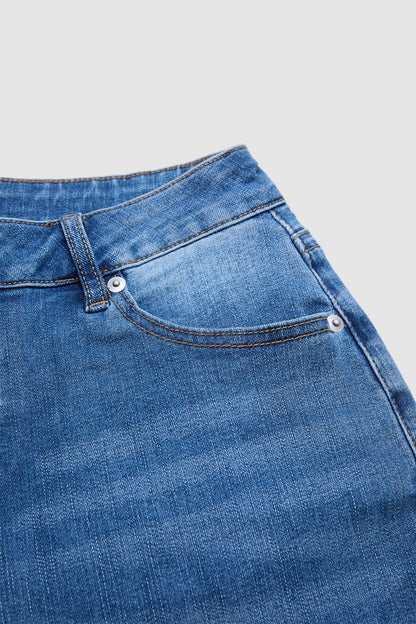 Wash Roll Hem Flap Pocket Mid Waist Straight Leg Capri Jeans