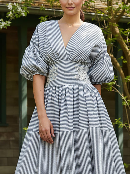 Robe longue en coton, demi-manches, col en V, à carreaux, dentelle, vintage, bleue